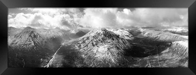 Buachaille Etive Mòr Stob Dearg mountain and Glen Etive aerial Glencoe Scotland Black and white Framed Print by Sonny Ryse