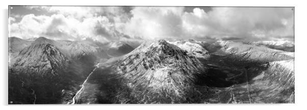 Buachaille Etive Mòr Stob Dearg mountain and Glen Etive aerial Glencoe Scotland Black and white Acrylic by Sonny Ryse