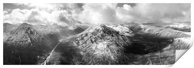 Buachaille Etive Mòr Stob Dearg mountain and Glen Etive aerial Glencoe Scotland Black and white Print by Sonny Ryse