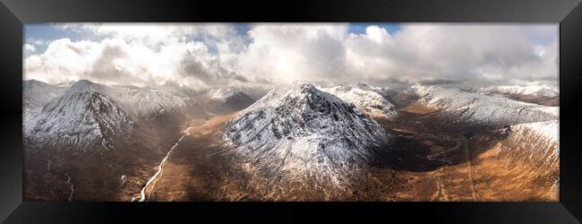 Buachaille Etive Mòr Stob Dearg mountain and Glen Etive aerial Glencoe Scotland Framed Print by Sonny Ryse