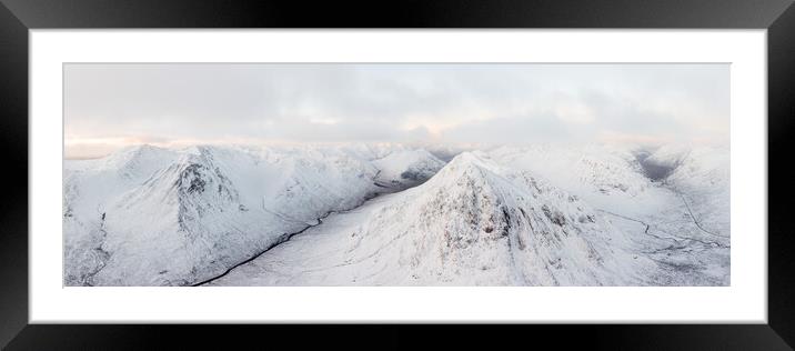 Buachaille Etive Mòr Stob Dearg mountain covered in snow aerial Glencoe Scotland Framed Mounted Print by Sonny Ryse