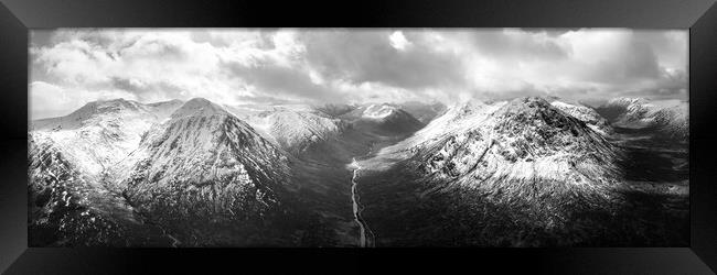 Glen Etive valley skyfall road in winter snow scottish highlands black and white Framed Print by Sonny Ryse
