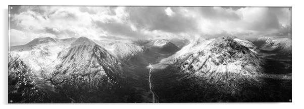 Glen Etive valley skyfall road in winter snow scottish highlands black and white Acrylic by Sonny Ryse