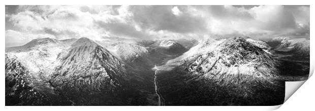 Glen Etive valley skyfall road in winter snow scottish highlands black and white Print by Sonny Ryse