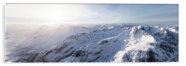 Three sisters mountains in winter snow glen coe glencoe scotland aerial Acrylic by Sonny Ryse