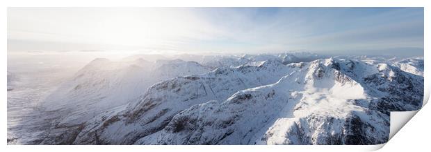 Three sisters mountains in winter snow glen coe glencoe scotland aerial Print by Sonny Ryse