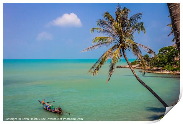 Cocnut palm and long tail boat Print by Kevin Hellon