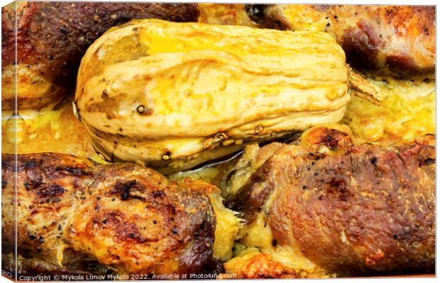 Grilled meat wrapped with pumpkin roll, close up Canvas Print by Mykola Lunov Mykola