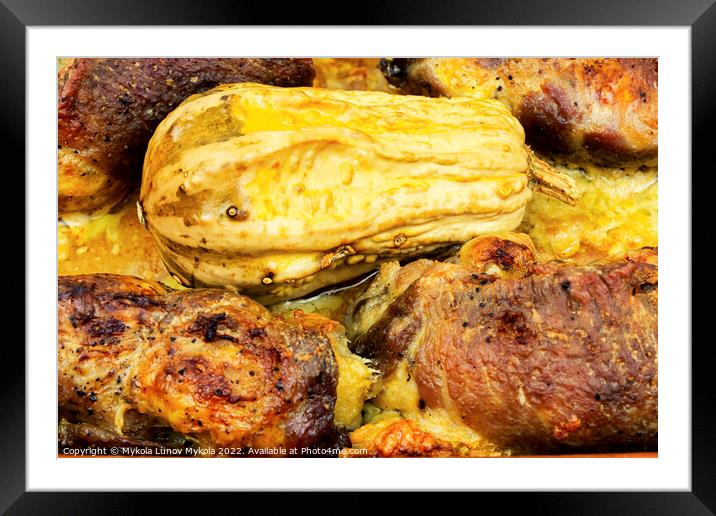 Grilled meat wrapped with pumpkin roll, close up Framed Mounted Print by Mykola Lunov Mykola