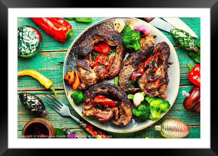 Grilled meat with vegetables. Framed Mounted Print by Mykola Lunov Mykola