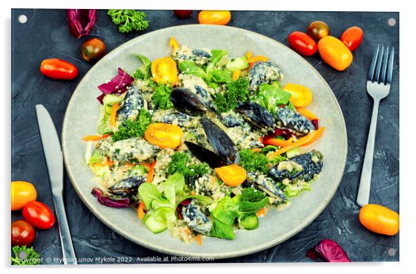 Mix salad with seafood and vegetables Acrylic by Mykola Lunov Mykola