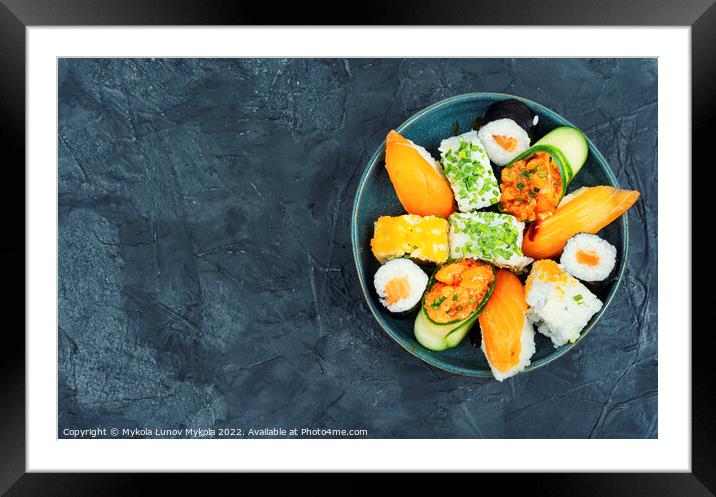 Assortment of oriental sushi roll, copy space Framed Mounted Print by Mykola Lunov Mykola