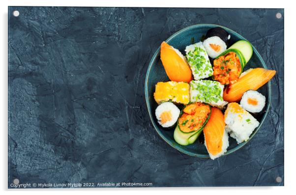 Assortment of oriental sushi roll, copy space Acrylic by Mykola Lunov Mykola