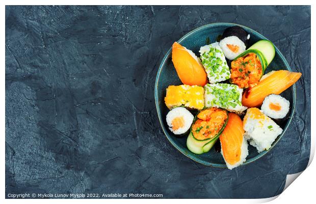 Assortment of oriental sushi roll, copy space Print by Mykola Lunov Mykola