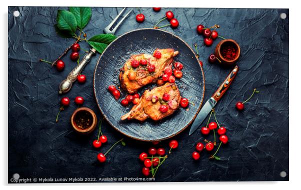Meat on the bone roasted in berry sauce. Acrylic by Mykola Lunov Mykola
