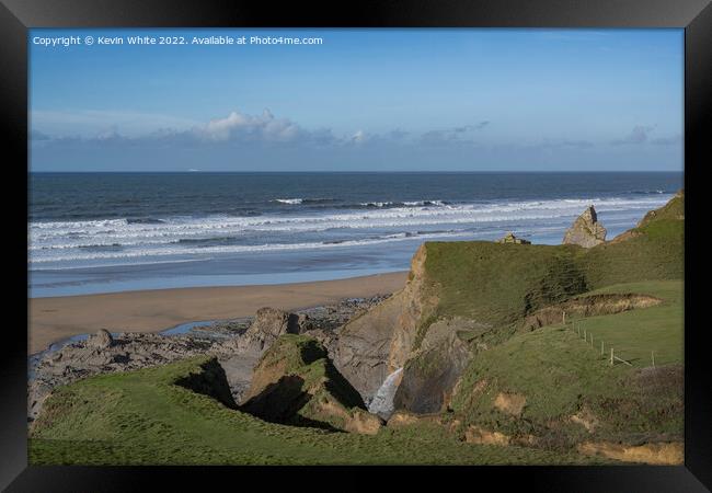 Clifftop view of Sandymouth Beach Framed Print by Kevin White