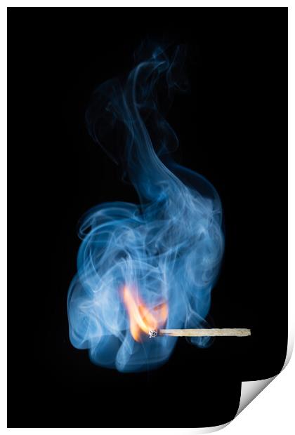 Burning match with smoke and flames Print by Bryn Morgan