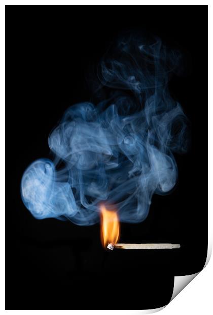 Burning match with smoke and flames Print by Bryn Morgan
