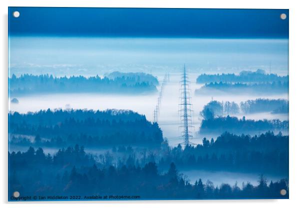 Electricity pylons in the mist. Acrylic by Ian Middleton