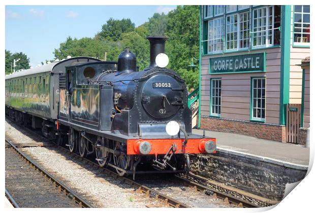 Steam locomotive M7 class 30053 at Corfe Castle. Print by David Birchall