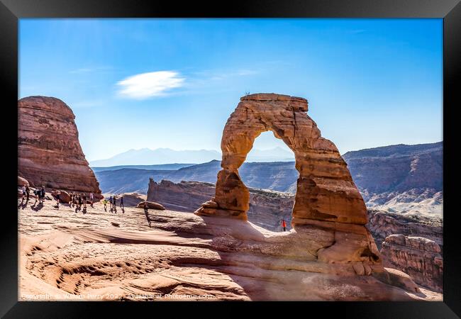 Delicate Arch Tourists Rock Canyon Arches National Park Moab Uta Framed Print by William Perry