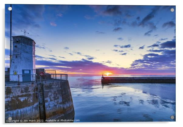 Seahouses Harbour Sunrise Acrylic by Jim Monk
