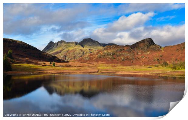 A view across Blea Tarn towards the Langdale Pikes Print by EMMA DANCE PHOTOGRAPHY