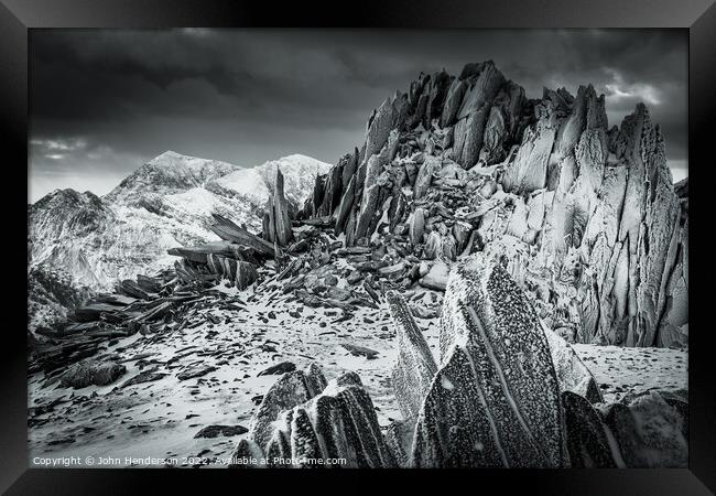 Snowdonia and the Glyder mountains black and white Framed Print by John Henderson