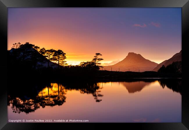 Stac Pollaidh sunset reflections, Scottish Highlands Framed Print by Justin Foulkes