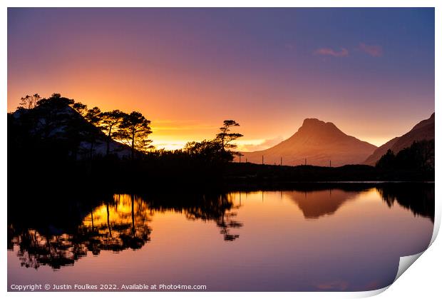 Stac Pollaidh sunset reflections, Scottish Highlands Print by Justin Foulkes