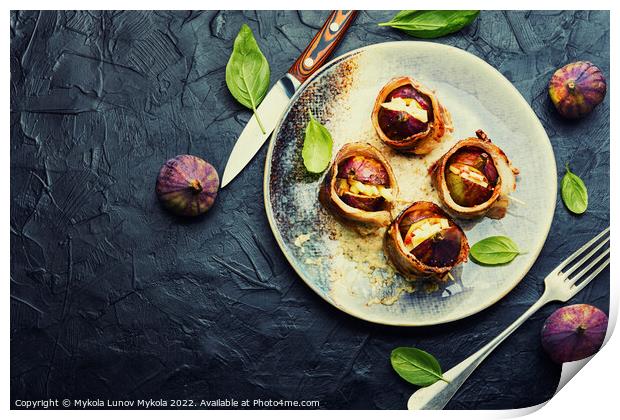 Delicious figs baked in meat bacon Print by Mykola Lunov Mykola