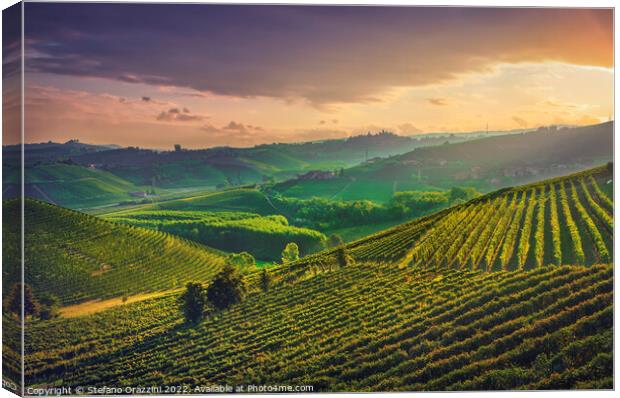 Langhe vineyards at sunrise. Neive, Piedmont. Canvas Print by Stefano Orazzini