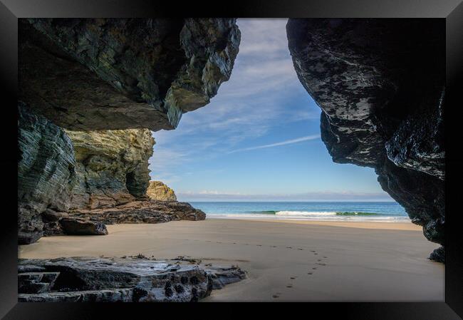 Cave View - Benoath Cove Beach at Bossiney in Corn Framed Print by Tracey Turner