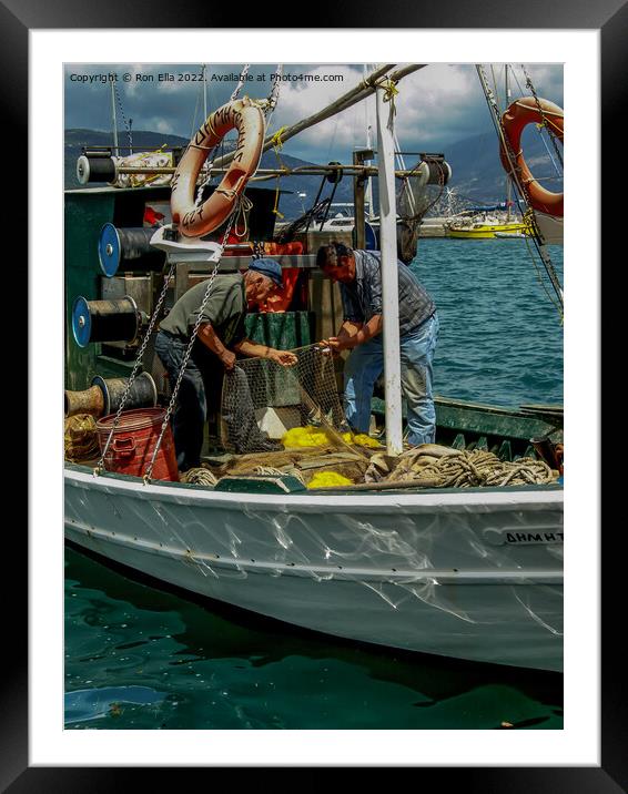 Mending Nets at Sea Framed Mounted Print by Ron Ella