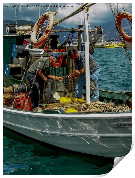 Mending Nets at Sea Print by Ron Ella