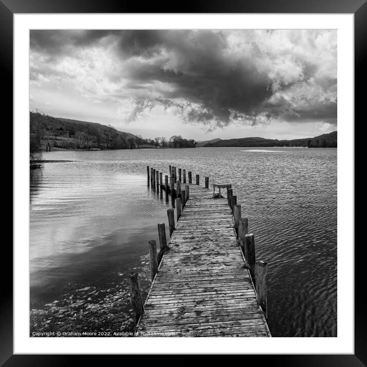Coniston jetty monochrome Framed Mounted Print by Graham Moore