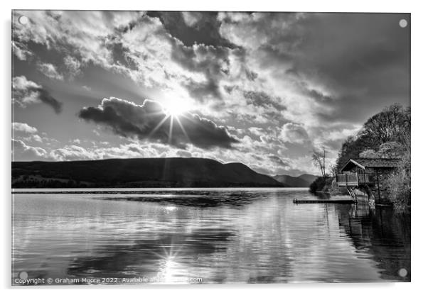 Ullswater boathouse with sun flare monochrome Acrylic by Graham Moore