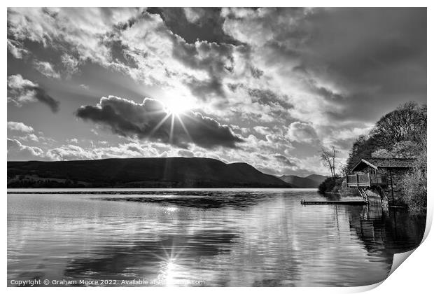 Ullswater boathouse with sun flare monochrome Print by Graham Moore