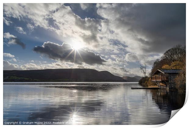 Ullswater boathouse with sun flare Print by Graham Moore