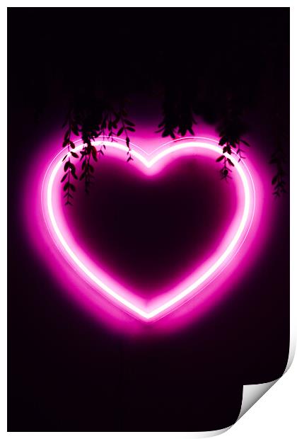 Neon pink heart on black wall Print by Alexandre Rotenberg
