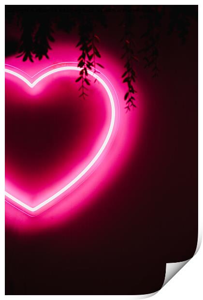 Neon pink heart on black wall Print by Alexandre Rotenberg