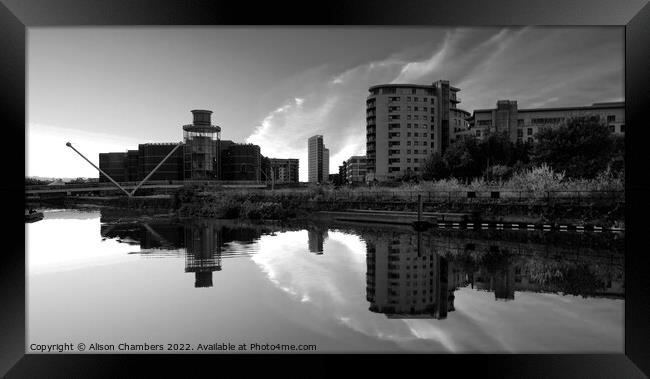 Leeds River Aire Sunrise Monochrome  Framed Print by Alison Chambers