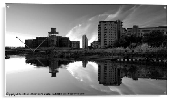 Leeds River Aire Sunrise Monochrome  Acrylic by Alison Chambers