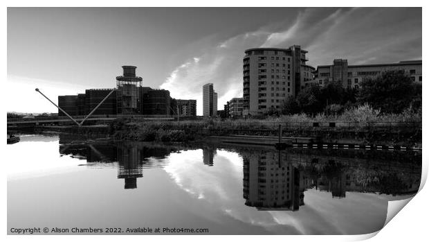 Leeds River Aire Sunrise Monochrome  Print by Alison Chambers