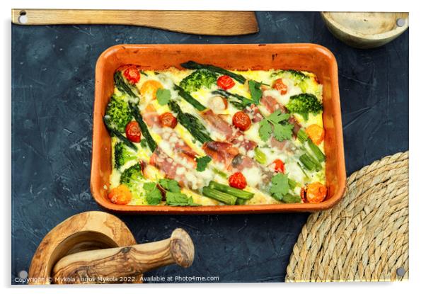 Casserole with asparagus and bacon in baking dish Acrylic by Mykola Lunov Mykola