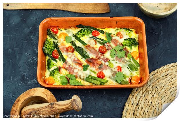 Casserole with asparagus and bacon in baking dish Print by Mykola Lunov Mykola