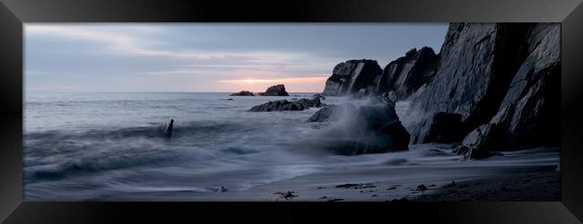 ayrmer-cove-south-hams-devon-coast-beach-sunset-waves-panorama Framed Print by Sonny Ryse