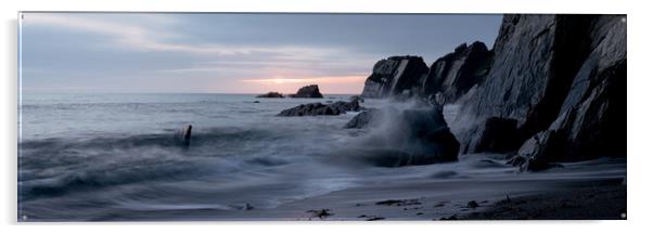 ayrmer-cove-south-hams-devon-coast-beach-sunset-waves-panorama Acrylic by Sonny Ryse