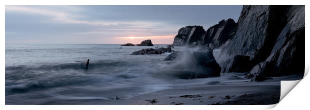 ayrmer-cove-south-hams-devon-coast-beach-sunset-waves-panorama Print by Sonny Ryse