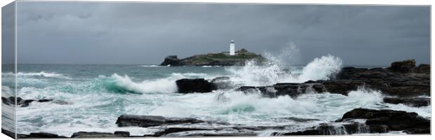 Godrevy Lighthouse Storm Waves Cornwal South west coast path Canvas Print by Sonny Ryse